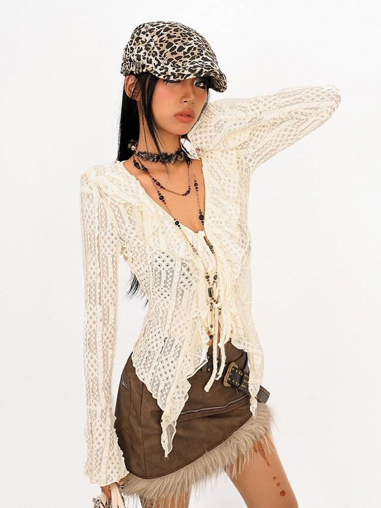Beige Wasteland Cardigan with Bell Sleeves Punk Lace V-Neck Ruffled