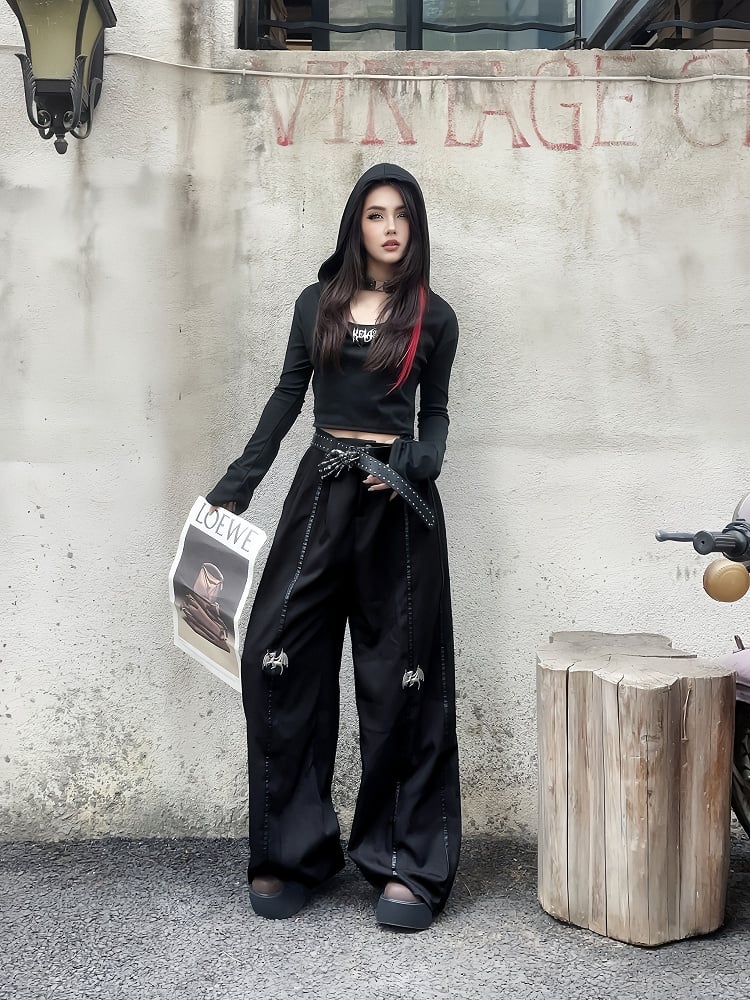 Length Floor Black Metal Dragon Knee Wide-Leg Pants