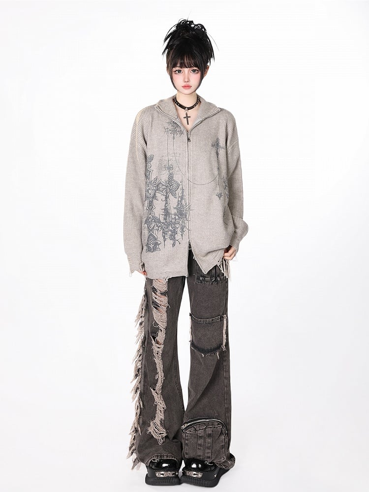 Edgy Gothic Cross Print Gray Distressed Oversized Cardigan Sweater
