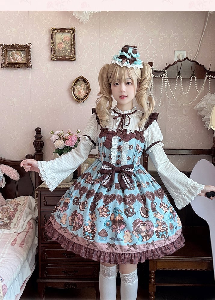 Lolita Dress Sleeves Vintage Teddy Bear Print Sweet Flutter Mint Green JSK