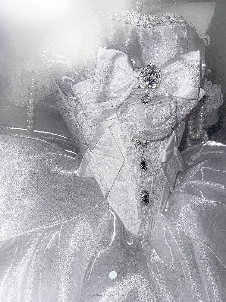 Rhinestones Balletcore Puffy Skirt White with Decorated Set Boned Corset Waist Strapless Top