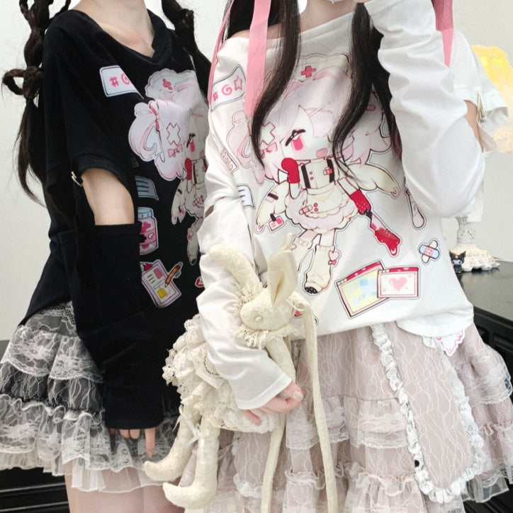 Double-Layered Jirai Kei Lace Black/White/Pink Bunny Ears Design Skirt