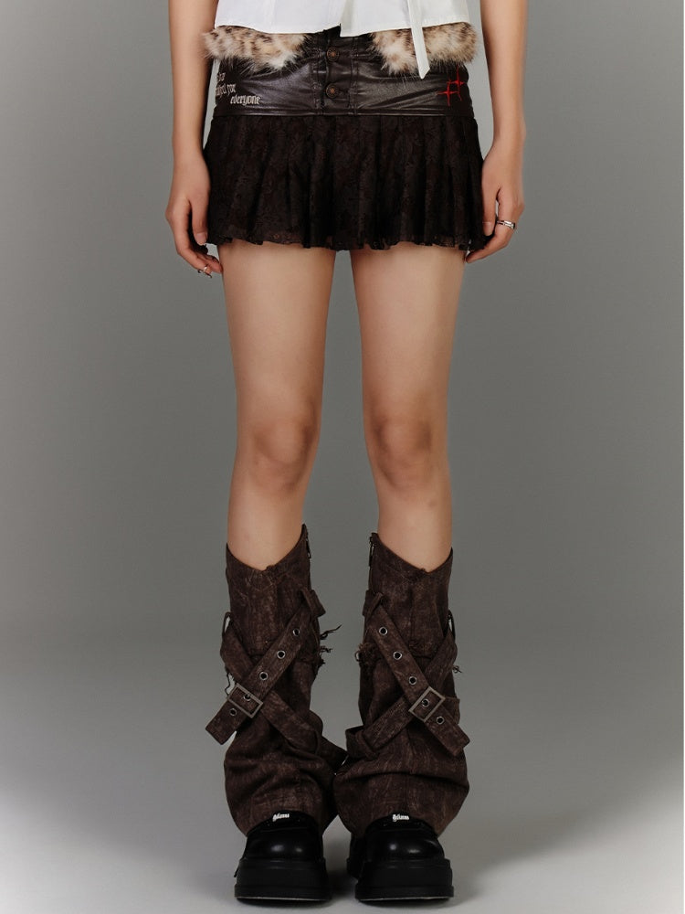 Hem Fashion Mini Plush Leopard Waistline Millard Gyaru Lace Patches Coffee Glamorous Skirt