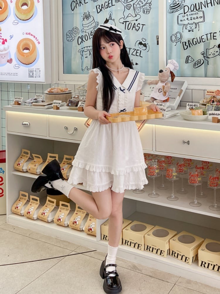 Trim Tiered Skirt Sleeveless Dress Contrast White Sailor Collar Flutter Sleeves Blue
