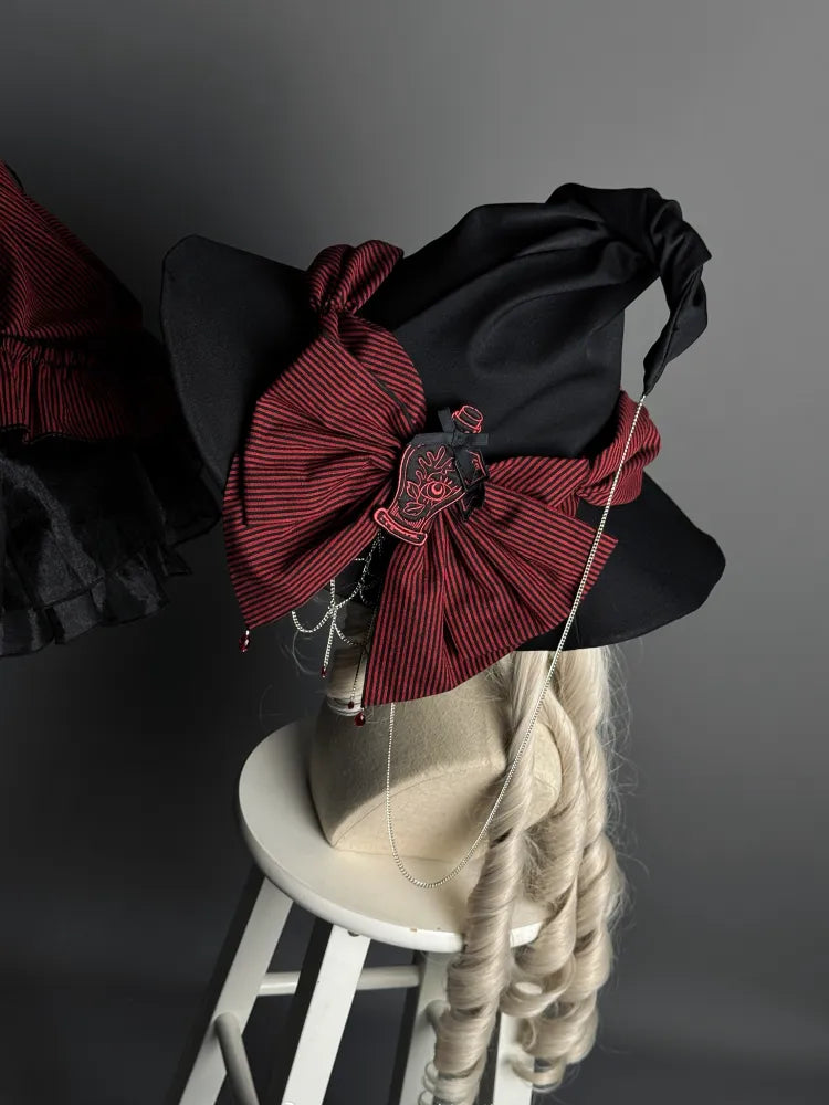 Schwarz/Roter Gothic Lolita Hexenhut mit großer Schleife und Spinnennetzkette