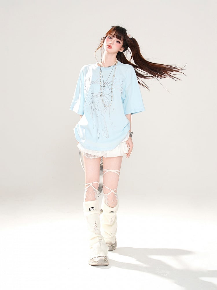 T-Shirt Loose Blue/White Key and Bowknot Print Lace Trim