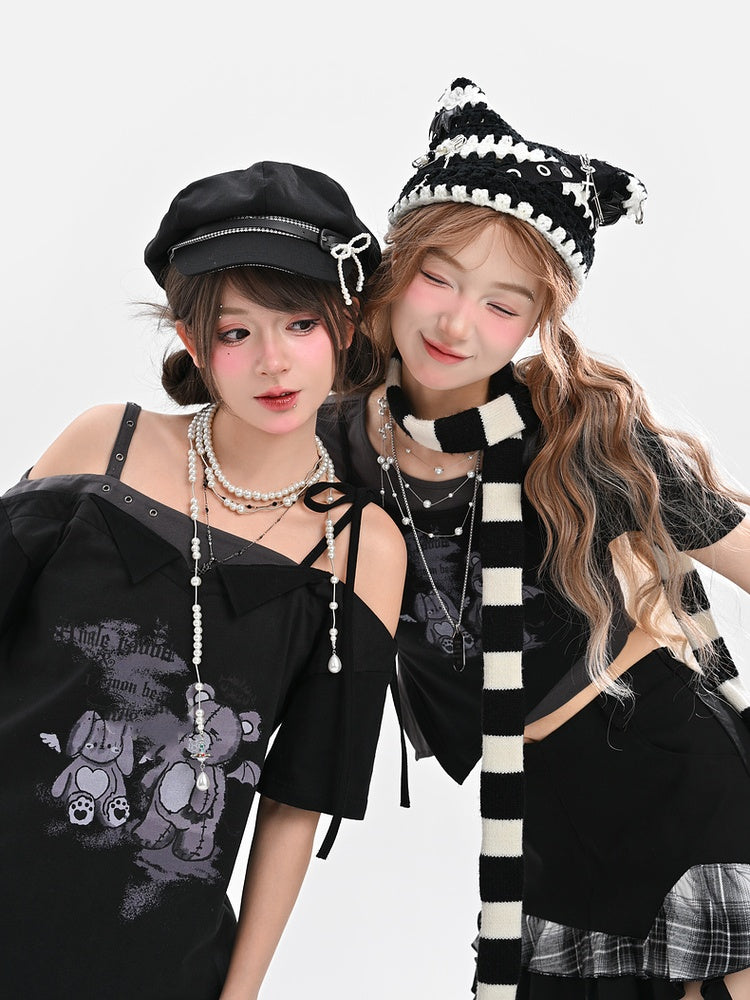 Black Off-the-shoulder Neckline Teddy Bear Print T-Shirt