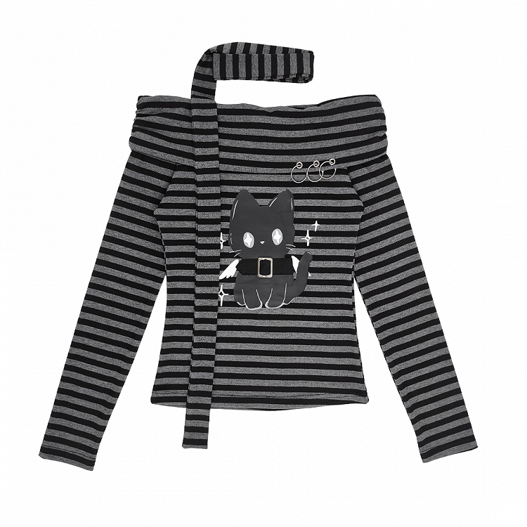 Gray Striped Top Neckline Black and Scarf with Bittersweet Kitten Print Off-the-shoulder