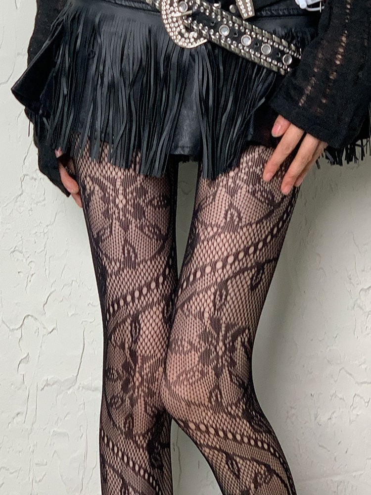 Black Y2K Floral Pattern Fishnet Tights