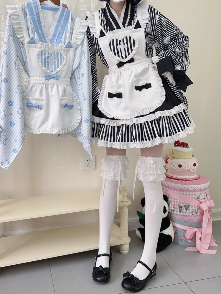 ブラックストライプのリトルゴーストプリントトップス+ティアードスカート+エプロン和ロリータセット