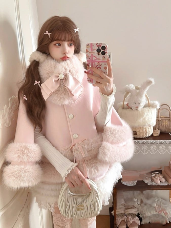 Bow Fur-Trimmed Pink Fleece With Accents Faux Cloak