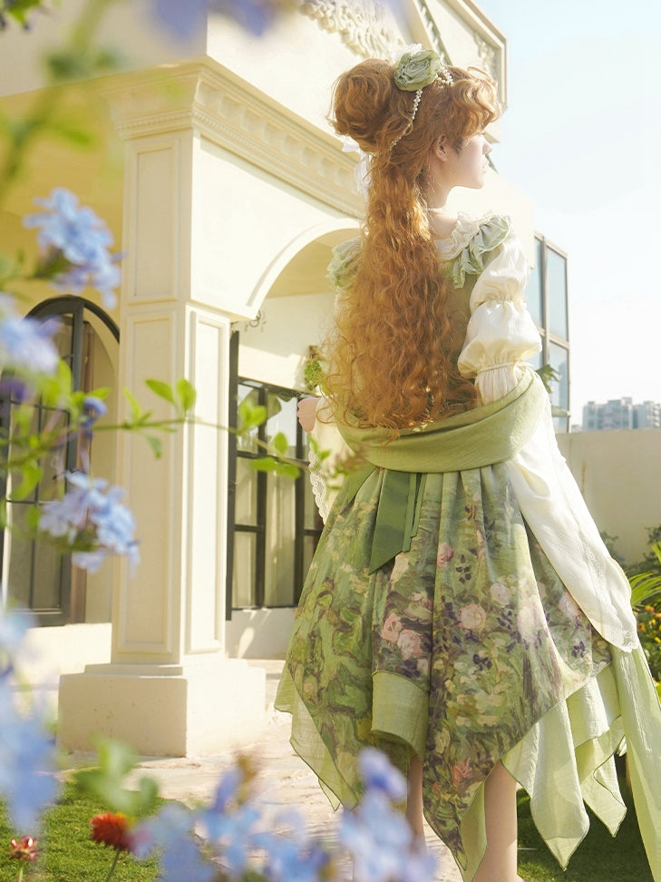 Hem JSK Set Painting Waist Print Handkerchief Lolita Roses Green Empire Oil