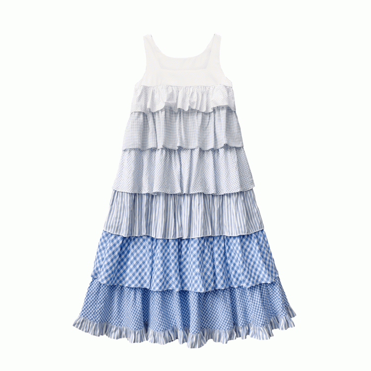Blau mit Patchwork Urlaub Taille ärmelloses Kleid Stufenrock Gürtel