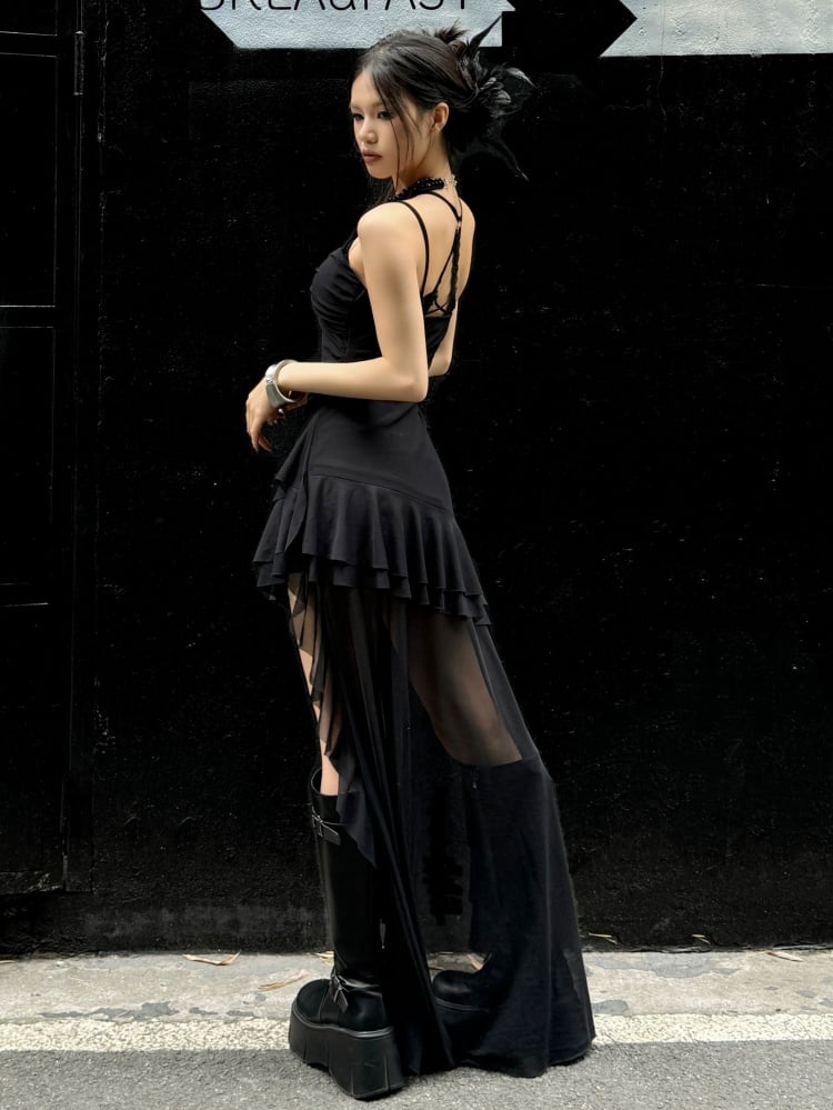 Schwarzes Punkrock-Sommerkleid mit Spaghettiträgern