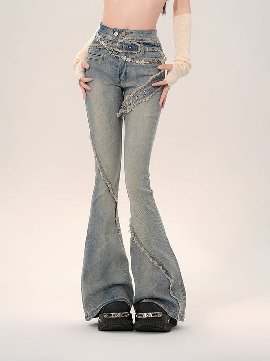 Blue Flare Jeans with Frayed Hem and Built-in Belt