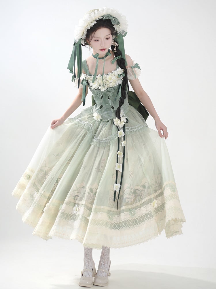 Decoration Set Jasmine Print Top Green Skirt Lolita Corset Classic Long Floral +