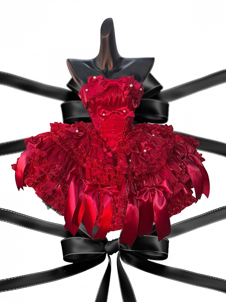 Rotes Weihnachtsoutfit, baskische Taille, Satinschleifen, trägerloses Puffkleid, kurzes Oberteil, komplettes Set