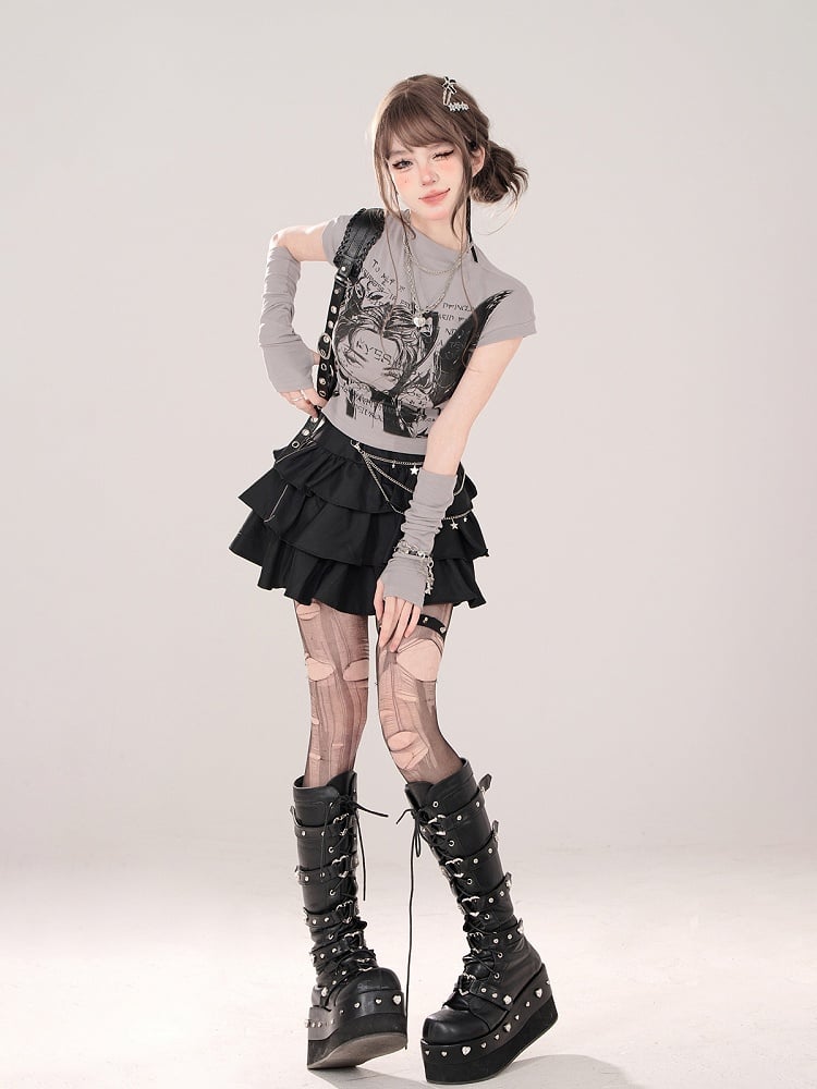 Character Print and Matching Fingerless Gray Mock Neck T-shirt with Manga Gloves