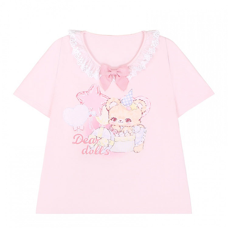 Ruffled Adorable Teddy Bear Print Bowknot Pink/Yellow Neckline Embellished T-Shirt
