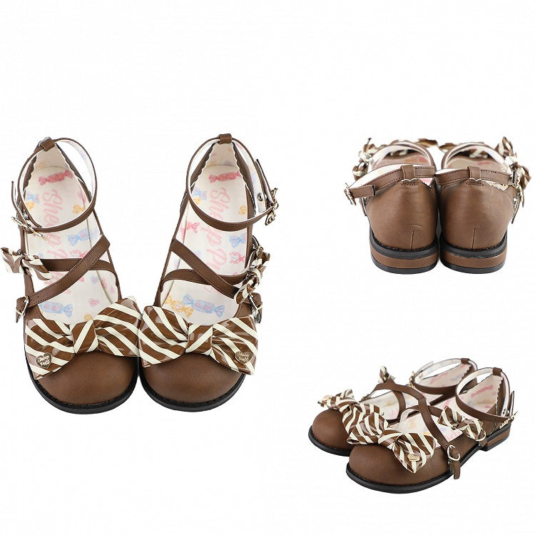 Braune Lolita-Schuhe mit Schnallenmuster und gestreiftem Herz- und Schleifendesign im Crisscross-Top-Design