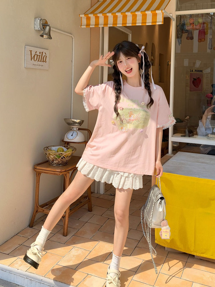 Embroidery Bear Pink Round Neck Oil Painting Letter Print Sweet T-Shirt