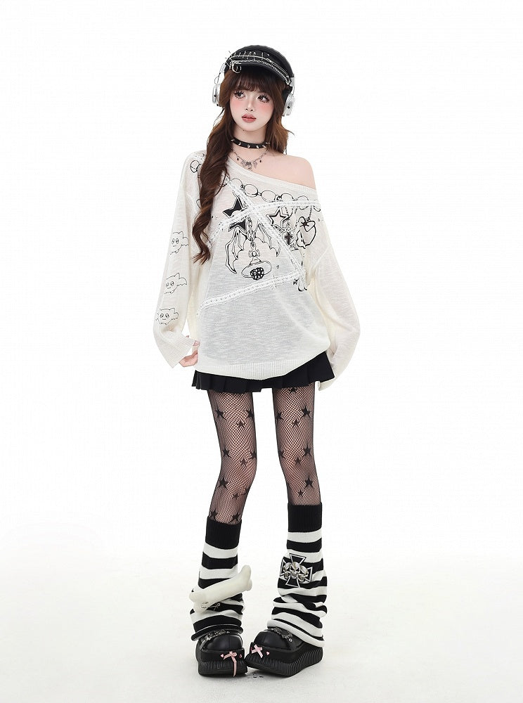 Asymmetrical Neckline Lace Black/White Sun Protection Glamorous Applique Graphic Top