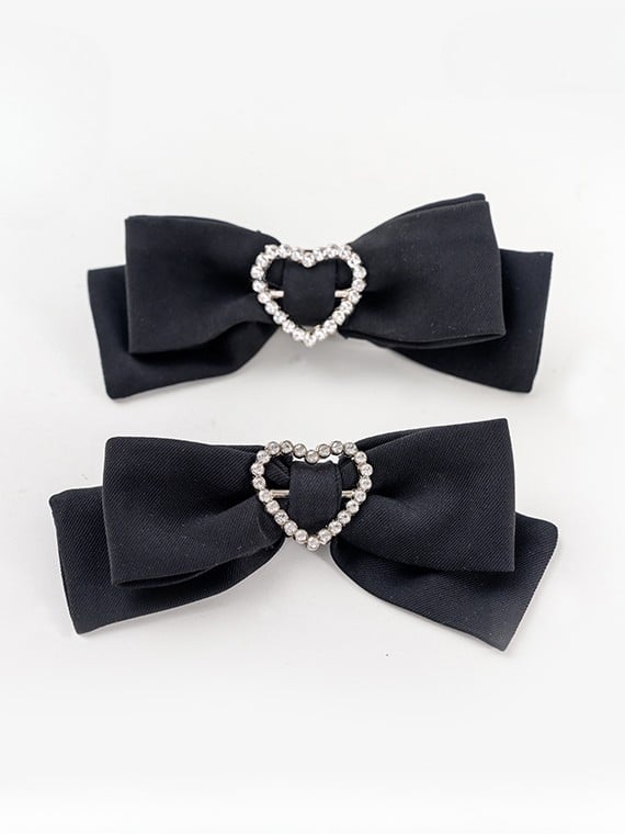 Jirai Kei Decorated Heart Bowknot Rhinestone Hairclips Black/Pink
