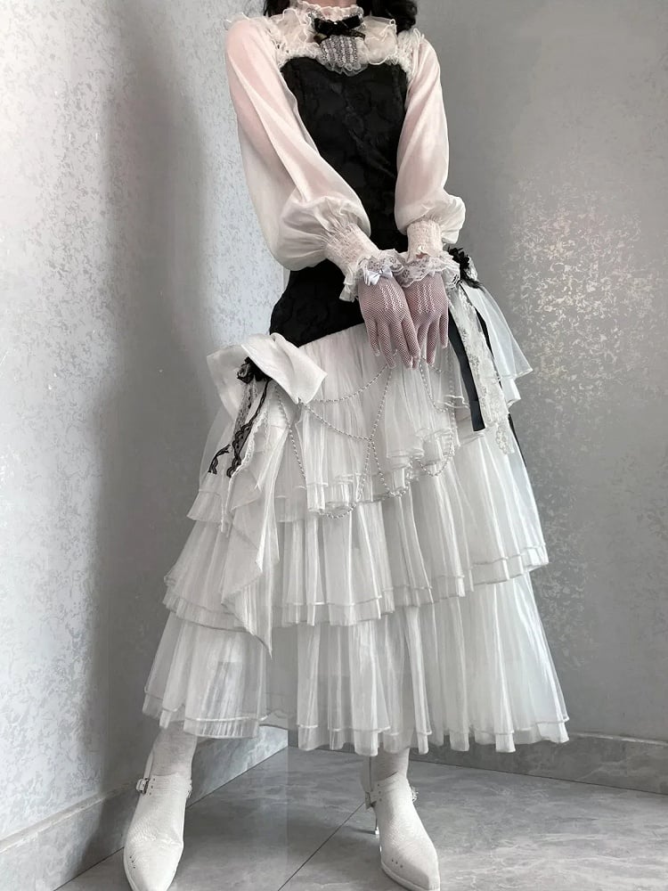 Classic JSK Elegant Layered Full Tulle Slim Bodice Jacquard Hem White Lolita Black Fit Floral Set