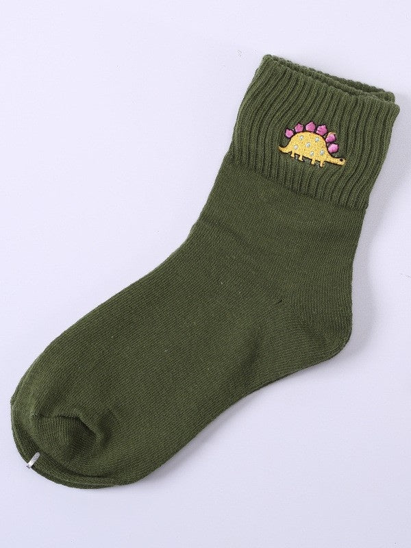 Dunkelgrüne Wadensocken mit Dinosaurier-Stickerei