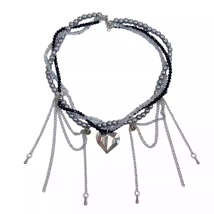 Beaded Pendant Necklace Heart Black Silver