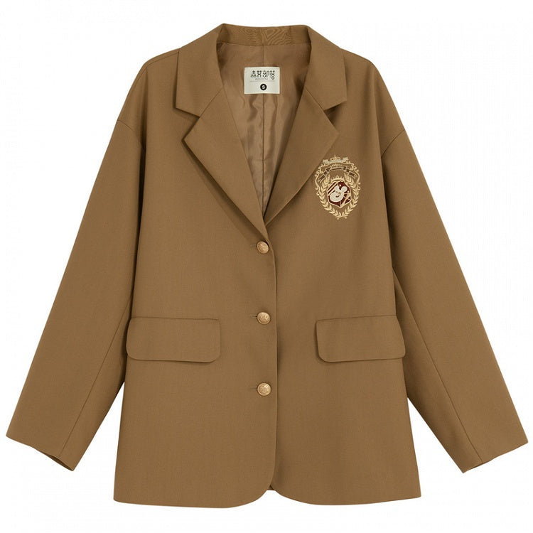 Brown Preppy Fashion Badge Blazer Embroidery JK Uniform Vintage Millard