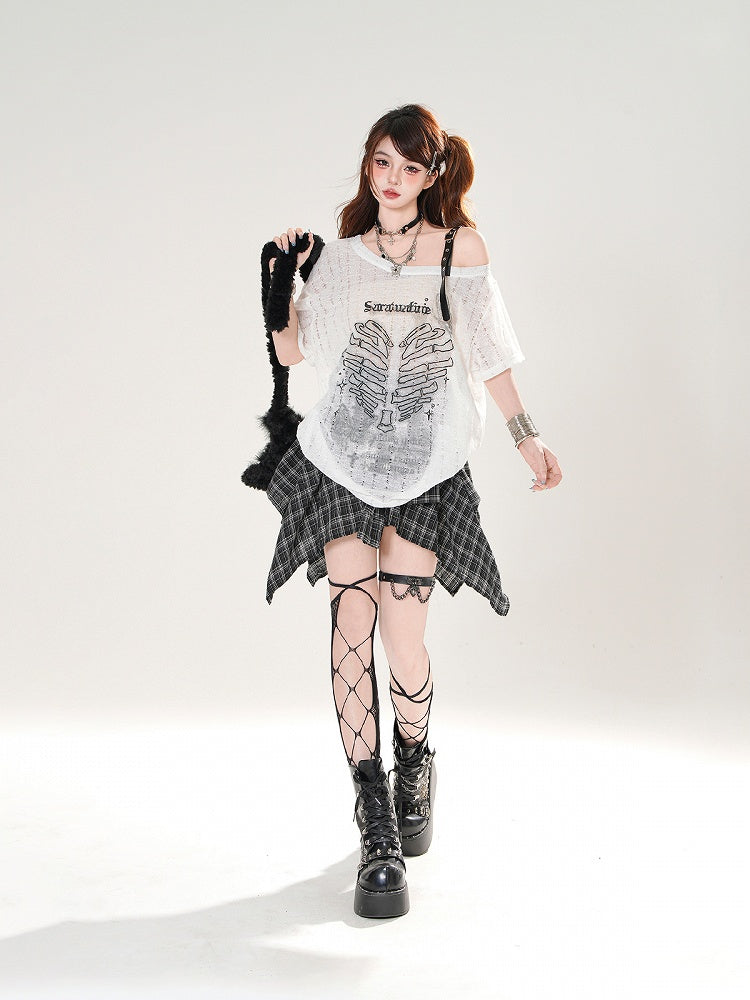 Herz Druck Löcher Asymmetrischer Ausschnitt Distressed