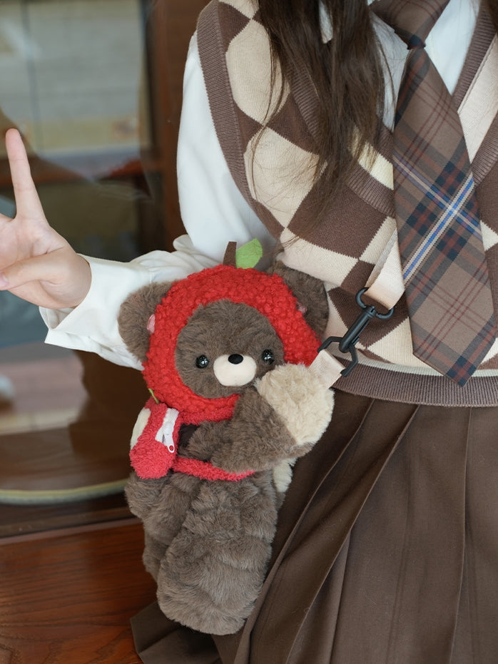 Brown Size Hat Red Bag Apple Bear Plush Backpack Backpack/Crossbody + Middle/Large Keychian