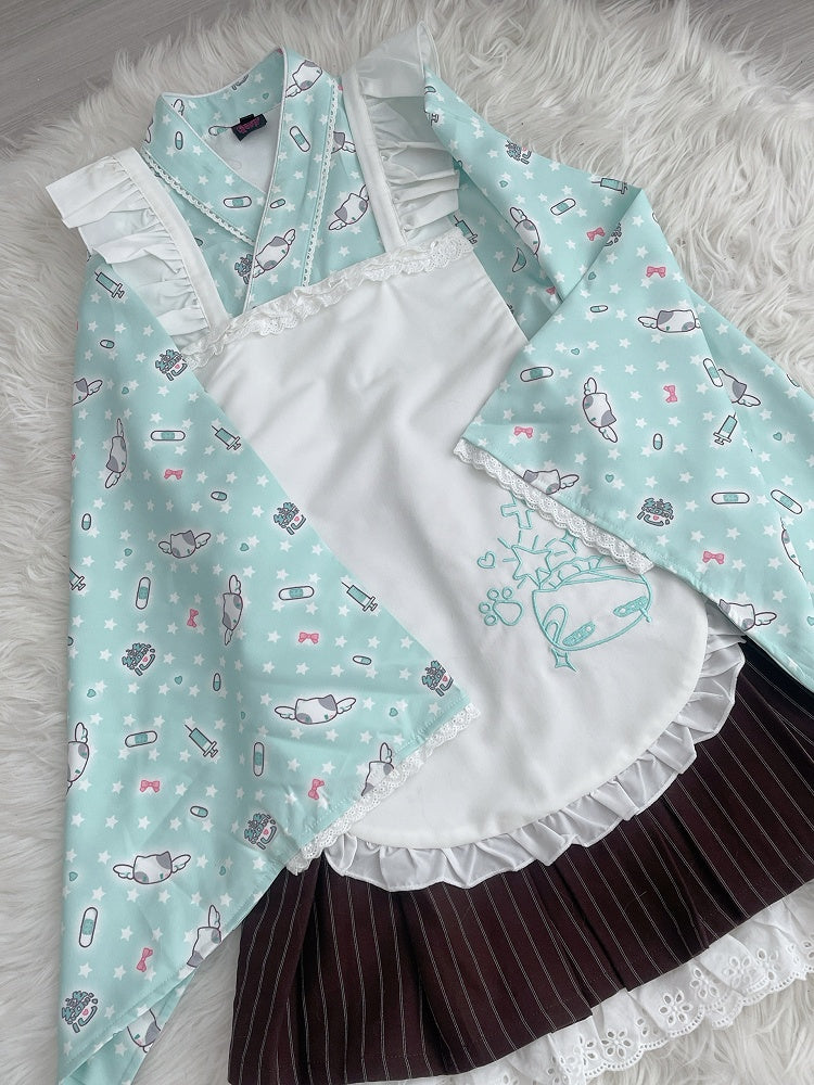 Wrap Set: 3-Piece Top Kimono Green Style Mint Maid-Inspired