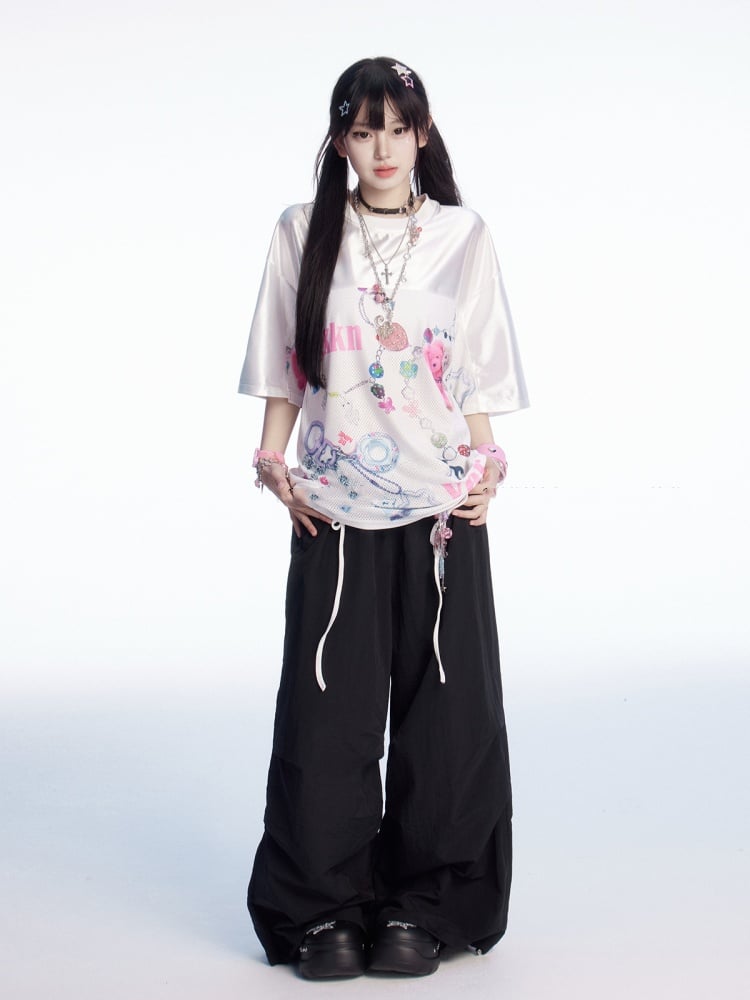 Patchwork Wide-leg Casual Pants Plaid Waist Drawstring Cuffs Black