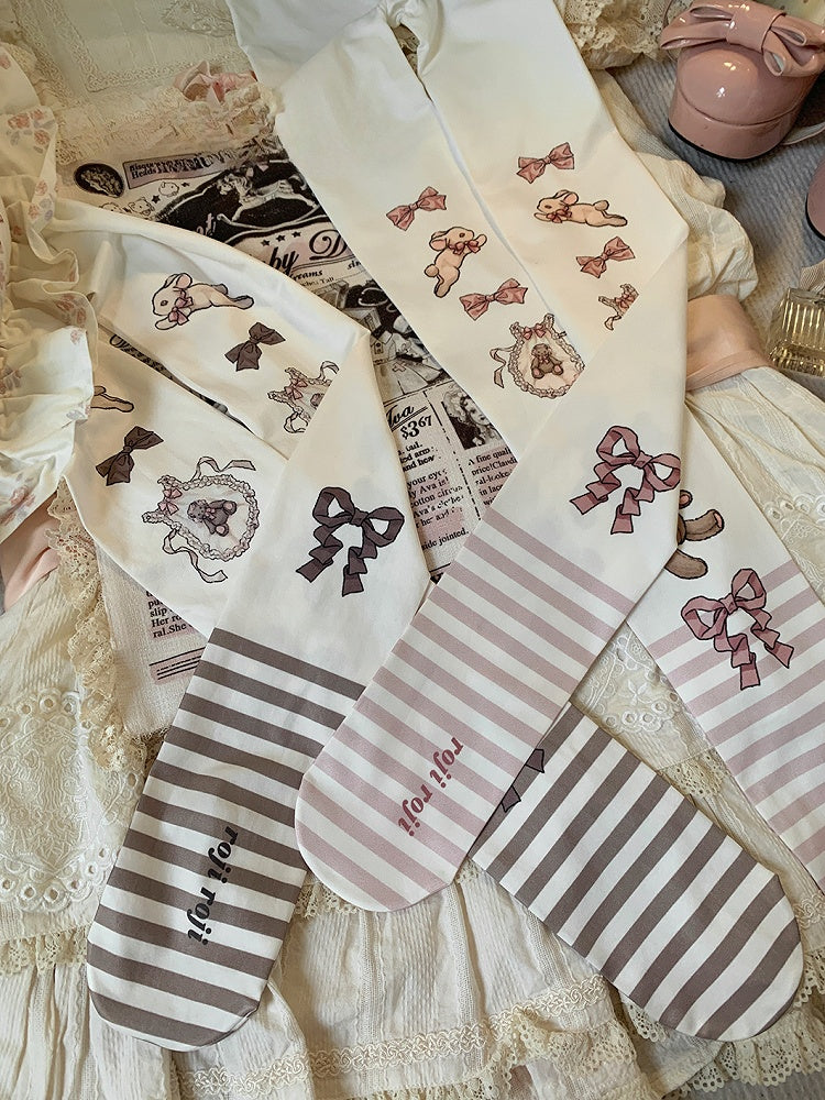 Brown/Pink Bunny and Bear Striped Sweet Lolita Tights