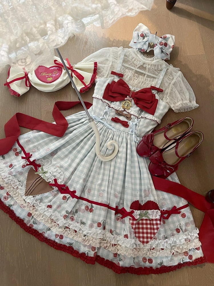 Cherry Dress Print Blue Lolita Sweet Jumper Skirt Red Gingham
