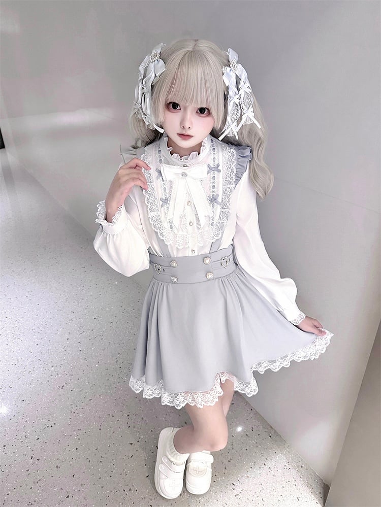 Kei and Decorative Beaded Dress Buckles Jirai Heart Buttons with Dusty Overall Sleeve Flutter Blue