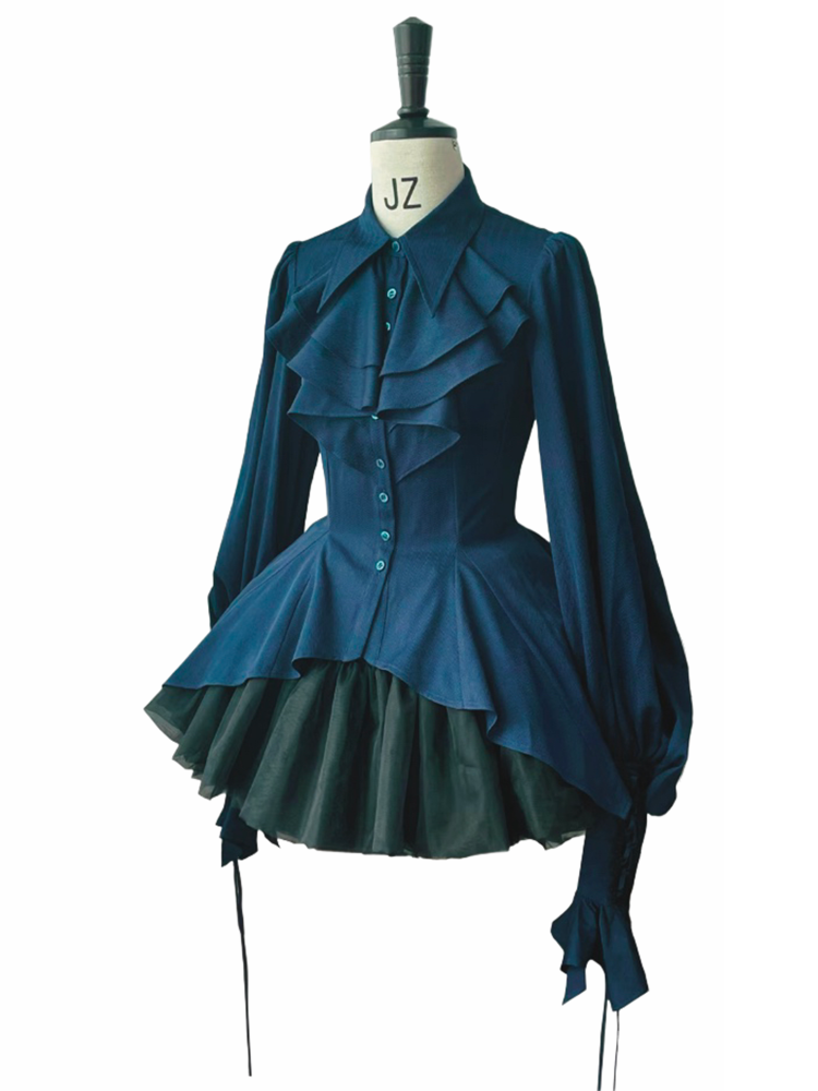 Dark Blue Gothic Ouji Lolita Long Sleeves Irregular Cascading Hemline Prince Shirt