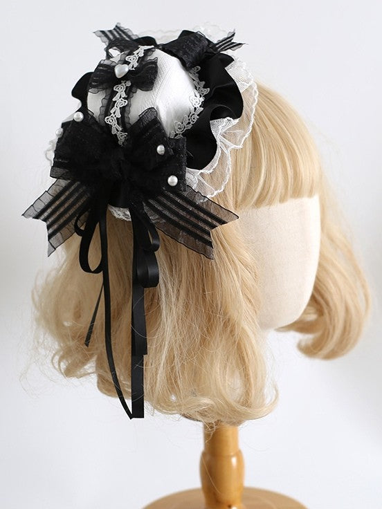 Perlenspitze, süße Clips, Details, Schleifenbesatz, weiß-schwarzer Hut, Mini, verziert mit Lolita
