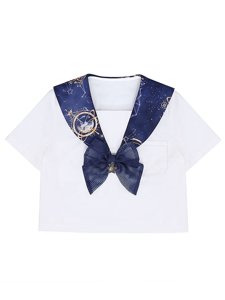 Dark Blue Celestial Globes Print Sailor Collar White JK Uniform Top