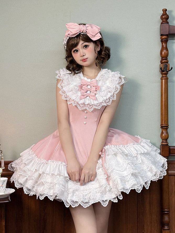 White Sleeveless Pink Dress Slim Striped Layered Neck Fabric Lolita Ruffle Sweet Waist Fit