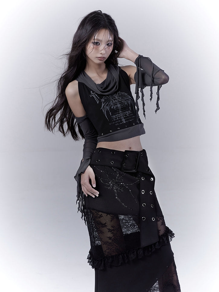 Sleeveless Top Armwear Print Punk Studded Black Cross Wing with Free