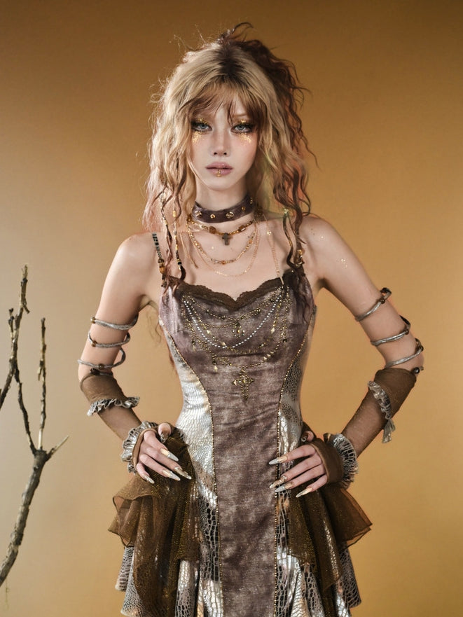 Brown Trim Pattern Ruffles Wasteland Snakeskin Gloves Punk