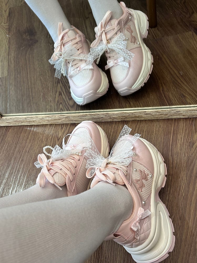 Front Lace-up Details Ties Sneakers Bowknot Decorated Beaded Pink