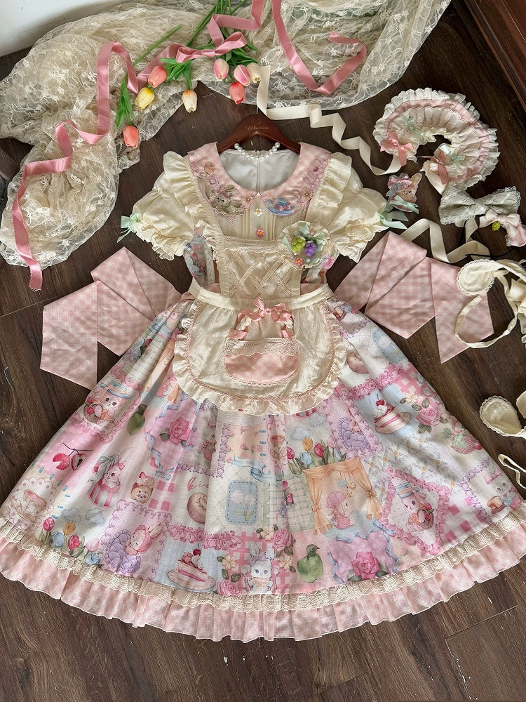 Bunny Embroidery Collar Cottagecore Patchwork Sweet Lolita Dress with Detachable Sleeves