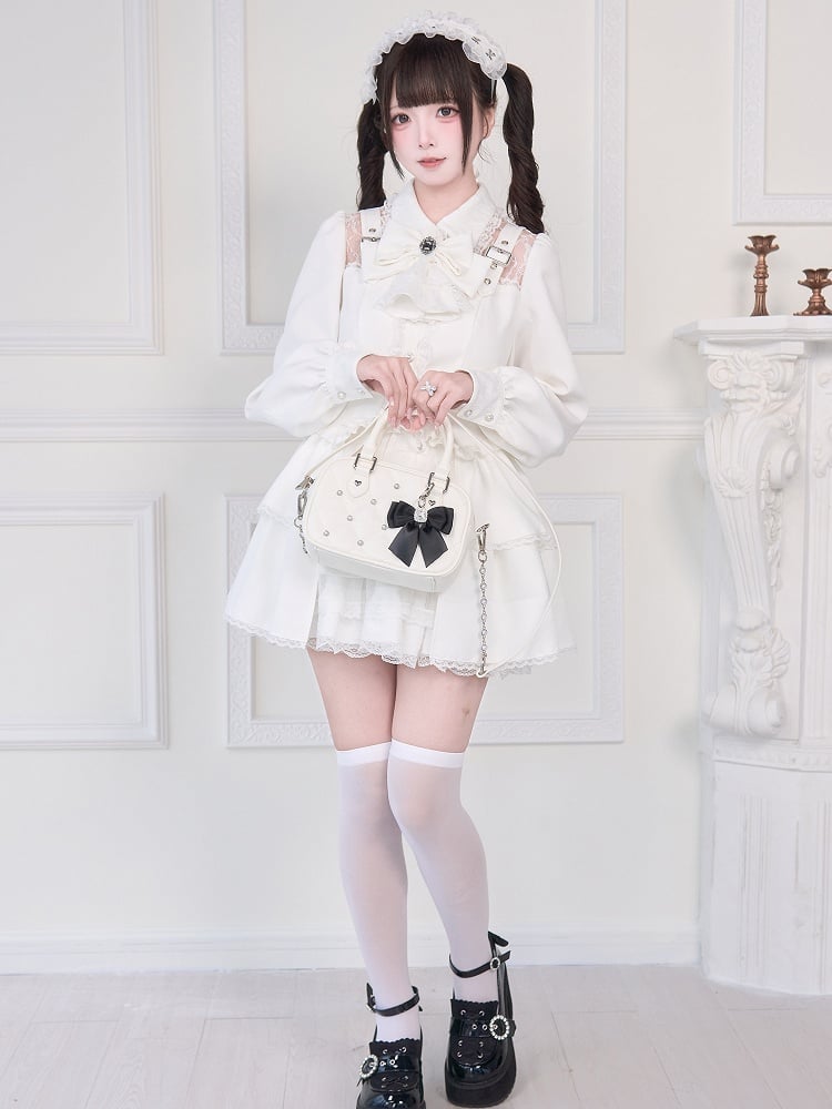 Adorned Blouse Illusion with Strap Details Buckle Neckline White Kei Jirai
