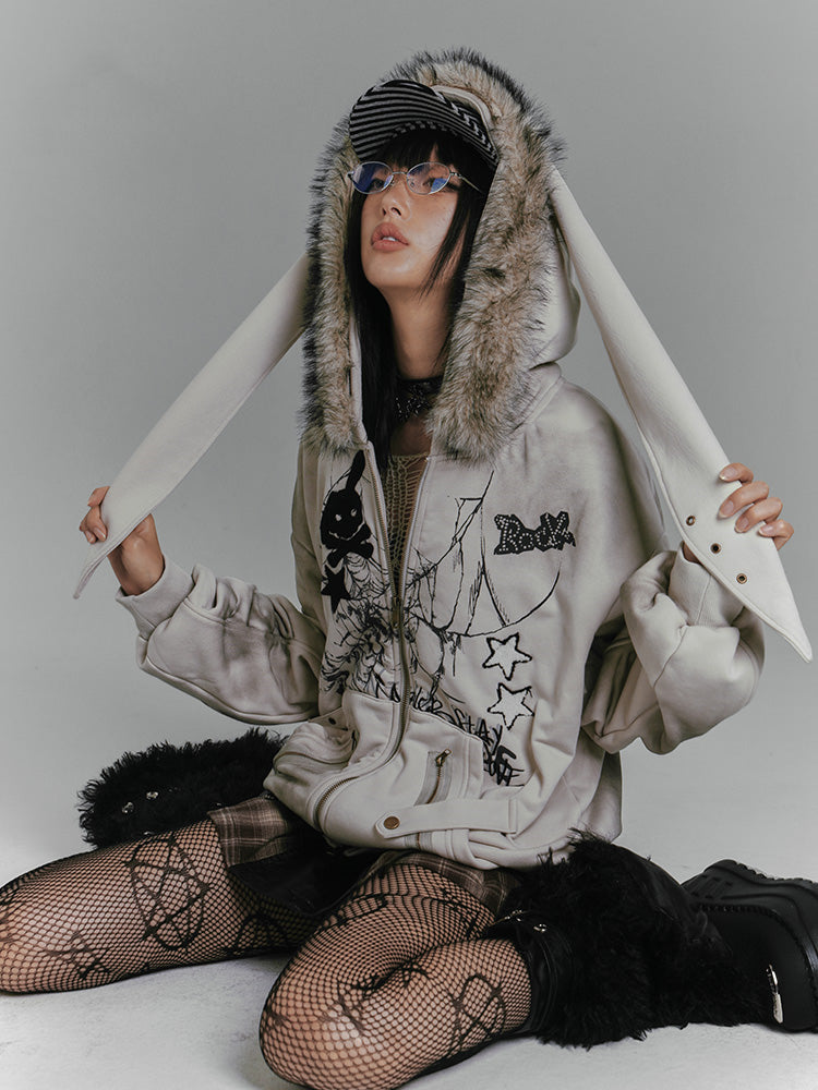 Kapuzenpullover mit Spinnennetz-Reißverschluss und Punk-Häschen-Fleece, graue Ohren, Rock-Print, Skelett