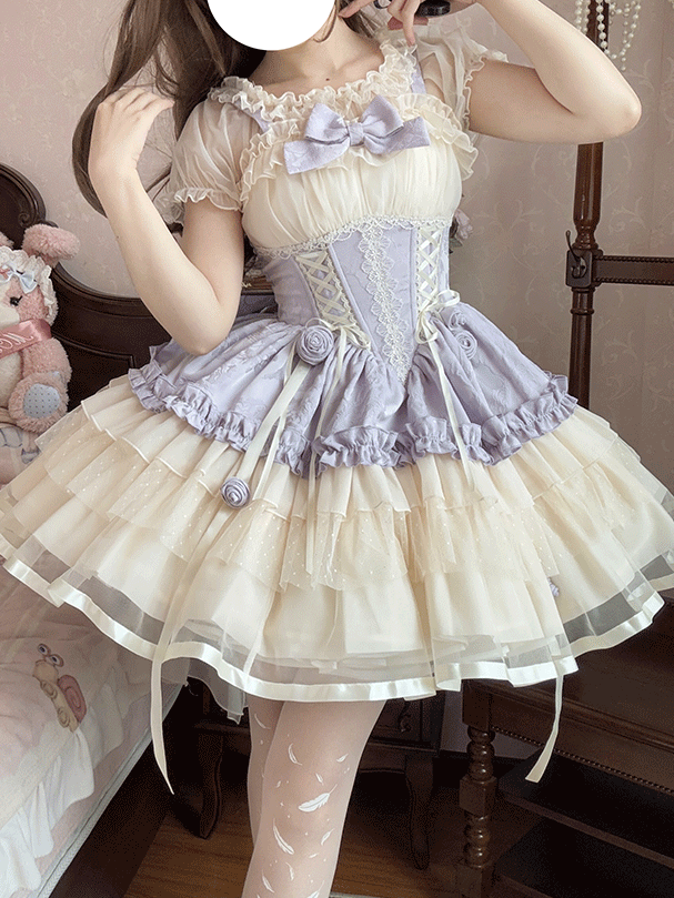 Train Beige and Purple Big Corset Sweet Lolita Balletcore Dress Waist Lace-up with Bow JSK