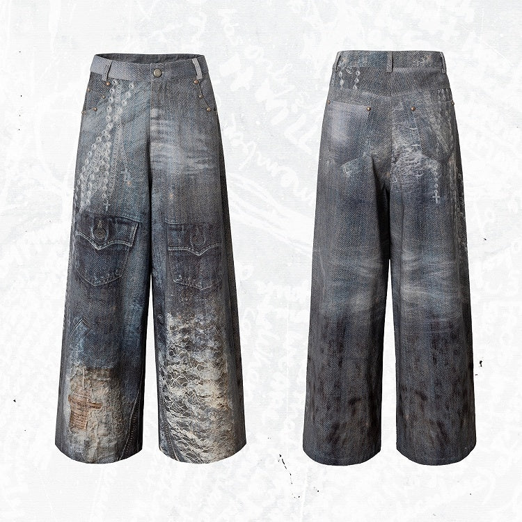 Print Lace Jeans Cut Wide-leg Blue Chain Punk Wasteland Details